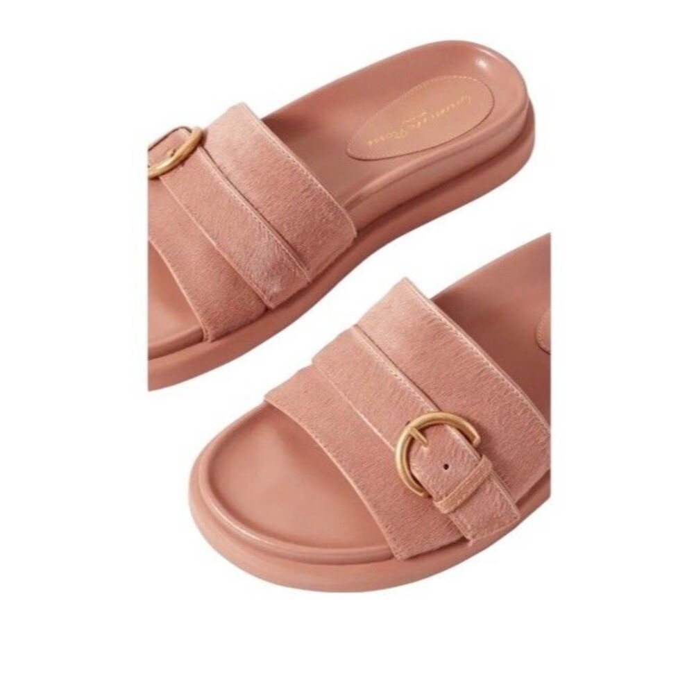 $845 Gianvito Rossi Women's Beige Calfskin Leather Fur Buckle Slide Sandal 42